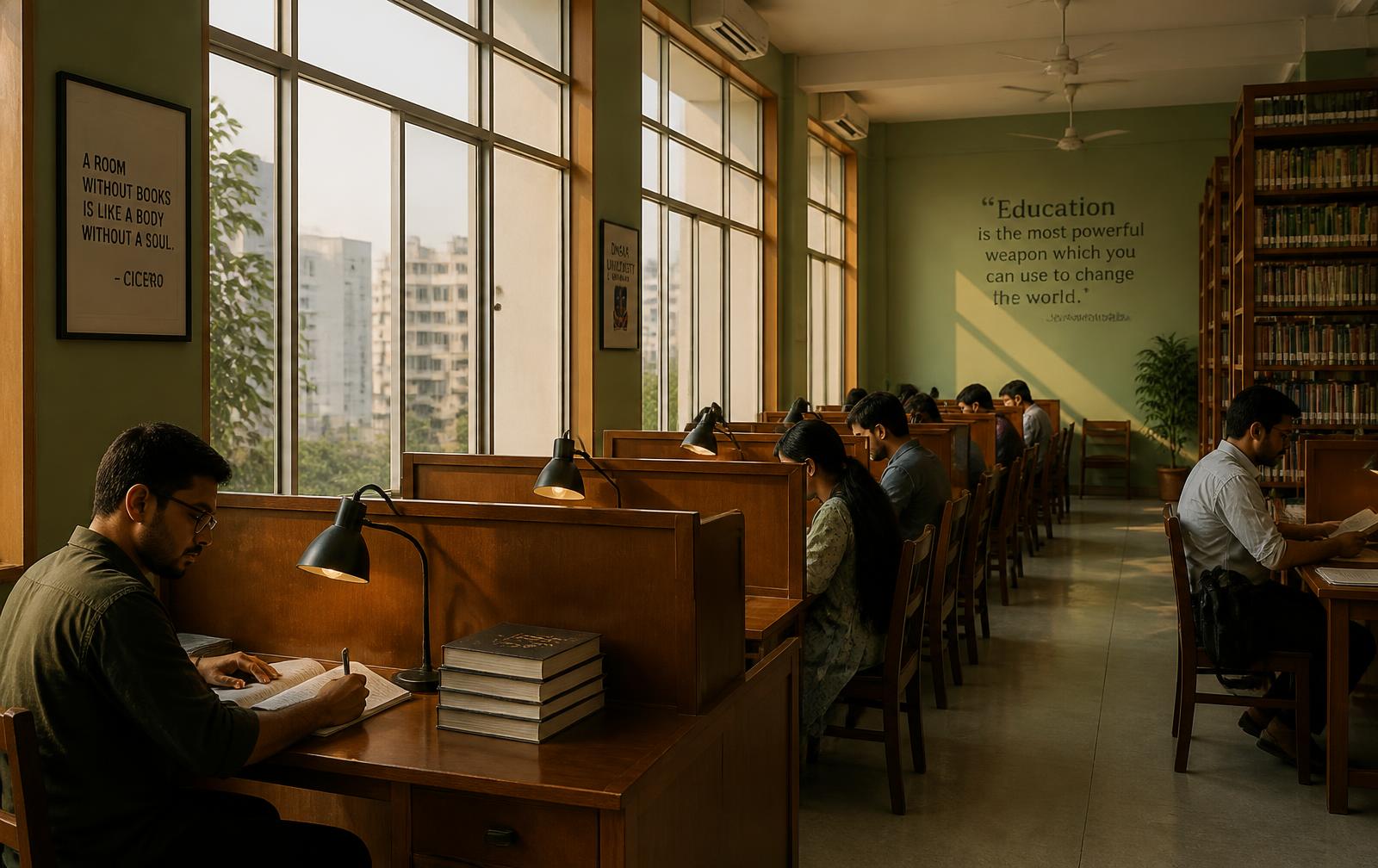 Students studying quietly at wooden desks with reading lamps inside Readers Zone Library